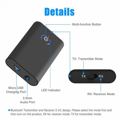 Wireless 2 in 1 Bluetooth 5.0 Transmitter & Receiver A2DP Audio 3.5mm Jack Aux Adapter